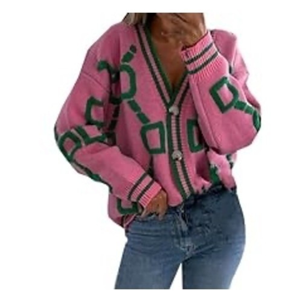 Pink and Green Geometric Intarsia Knit Button Front Cardigan Sweater Womens